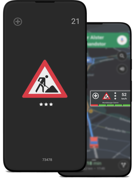 blitzer-de-app-warnung-baustelle-mini-app Zwei Smartphones mit der Blitzer App stehen im Hochformat seitlich versetzt hintereinander. Das vordere Smartphone zeigt mit einem Symbol eine Warnung vor Baustellen (rotes Dreieck mit Bauarbeiter). Das hintere Smartphone zeigt die Blitzer.de Mini-App, die über einer anderen Navigationsapp schwebt.